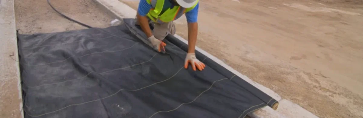 Crew member installing weed barrier fabric along a curb before a gravel bed install in Las Cruces
